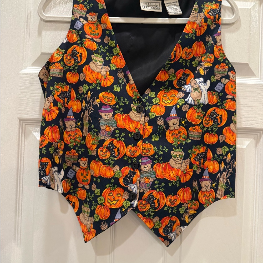 Vintage Basic Editions Black Halloween Pumpkin and Teddy Bear Print Vest